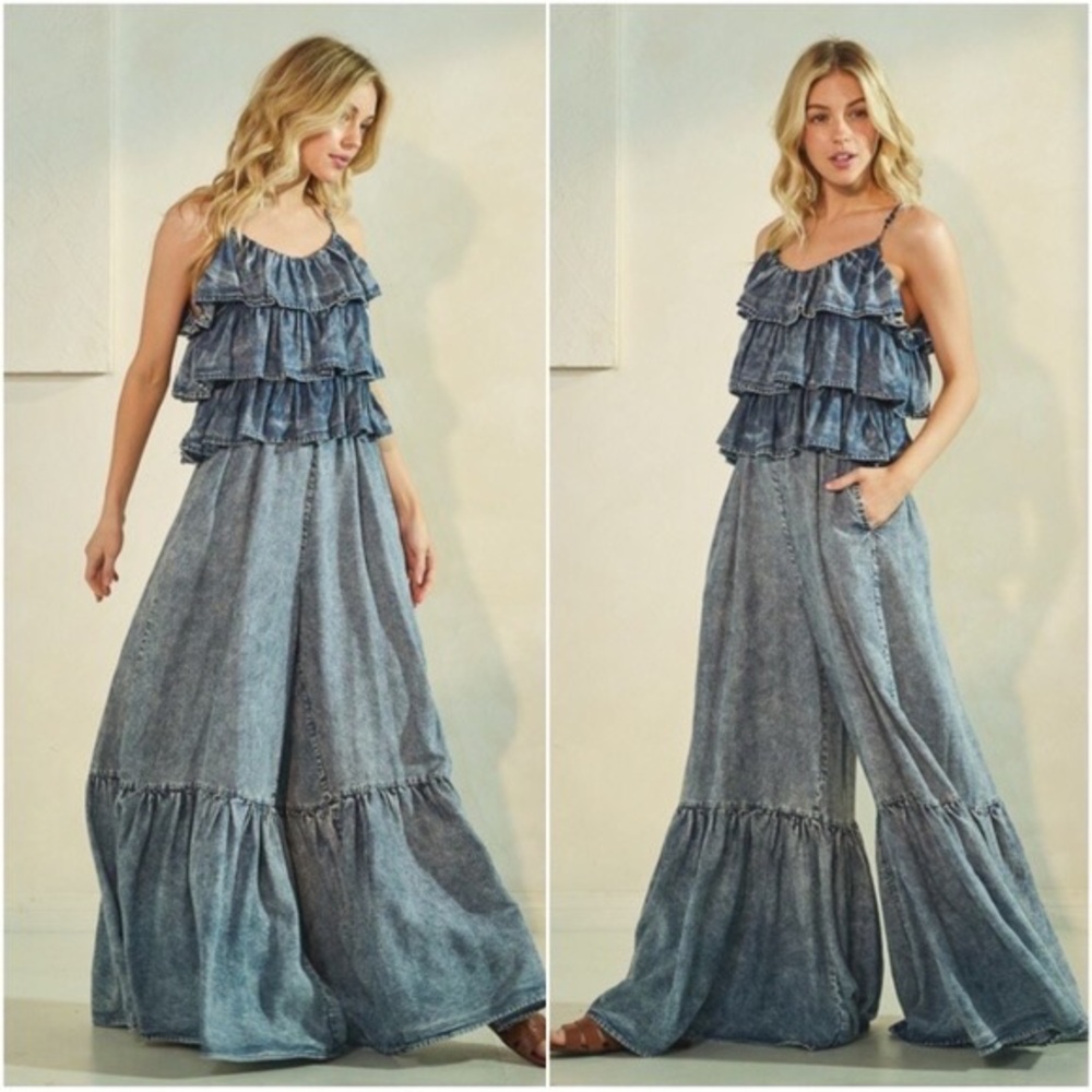 Oli & Hali Medium Wash Tencel Ruffle Detail Wide leg Jumpsuit - Picture 5 of 5